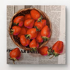 Peinture originale aux fraises, peinture à l'huile sur papier journal, art mural aux fraises, décoration murale de cuisine, peinture de baies, peinture de fruits, art de journal