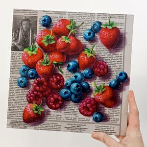 Peinture de baies, peinture originale de fraises, framboises et myrtilles, peinture à l'huile sur papier journal, décoration murale de cuisine, 10 x 10 pouces