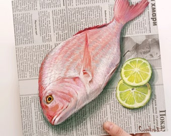 Oeuvre d'art originale de poisson Poisson tilapia, peinture journal, peinture alimentaire, art mural de fruits de mer, décoration murale de poisson, cadeau pour la pêche, cadeau pour mari