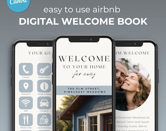 Op de afbeelding: Een digitaal welkomsboek voor Airbnb-gasten, weergegeven op het scherm van een smartphone. Het boek bevat een welkomstbericht, contactgegevens, routebeschrijvingen en lokale informatie. Het boek is ontworpen om gasten welkom te laten voelen en hen alle informatie te geven die ze nodig hebben om van hun verblijf te genieten.