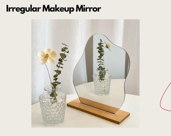 Trucco decorativo acrilico irregolare in stile nordico con base in legno Specchio cosmetico per la decorazione della casa per ragazze. Specchio fresco