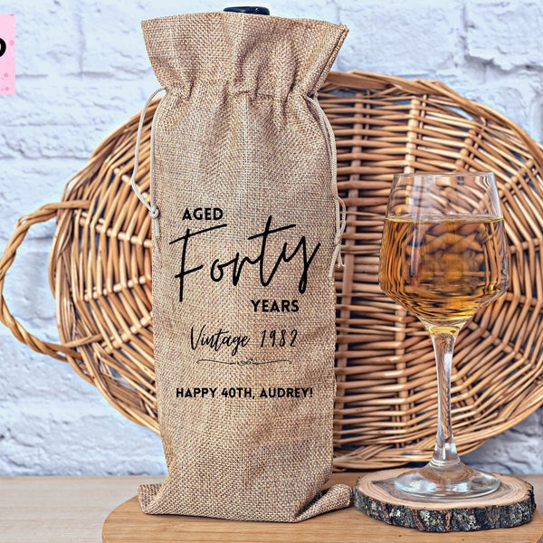 Forty Year Birthday Wine Tote | 40 Birthday Gift Wine Bag | Fortieth Jute Wine Gift | Custom 40 Gift