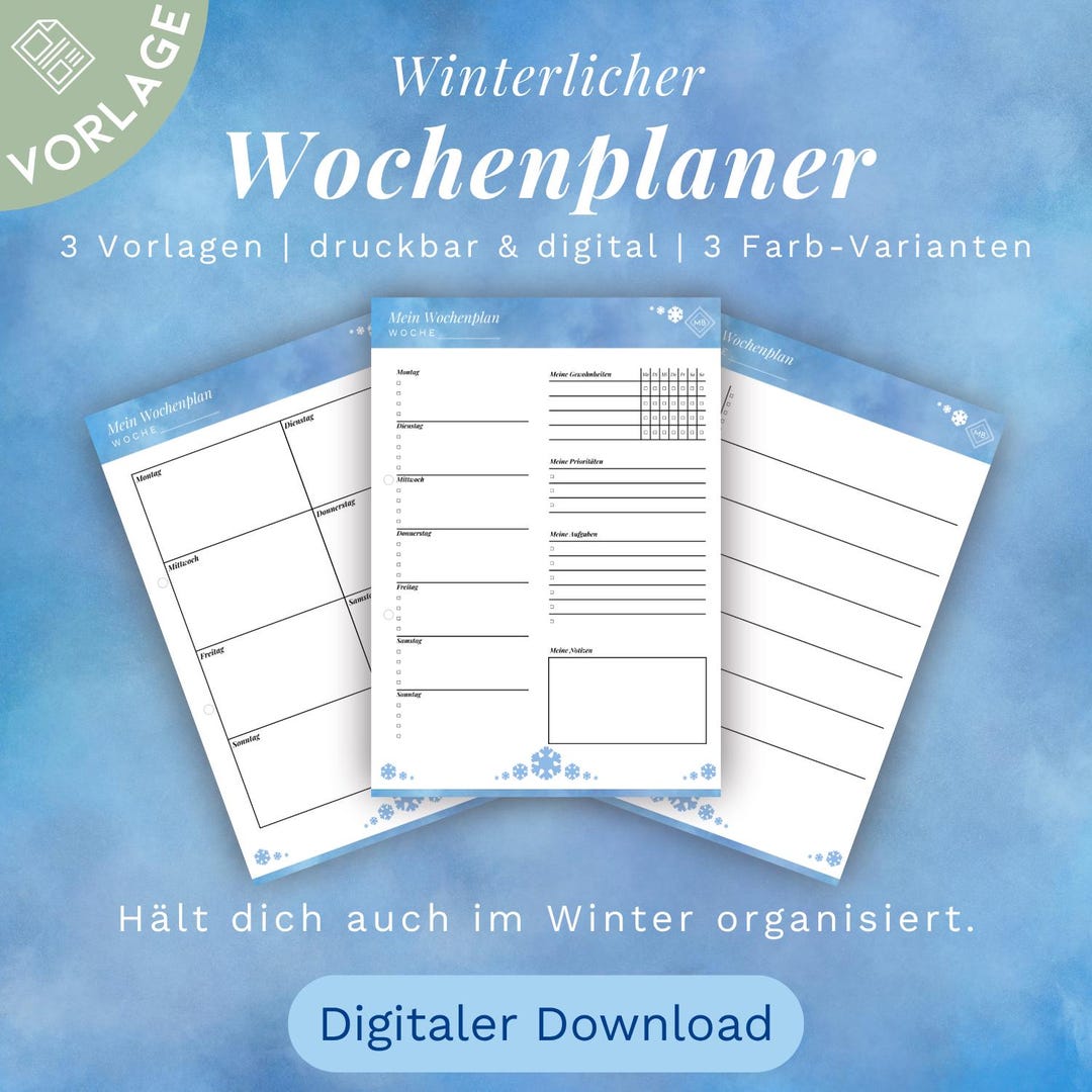 Winterlicher Wochenplaner PDF zum Ausdrucken – 3 Designs × 3 Farben