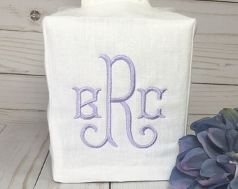 Monogram Square Tissue Box Cover, Embroidered Linen, Personalized Hostess Gift, Powder Room Decor, Guest Room, Mother's Day Gifts