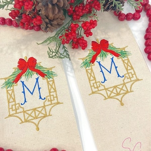 Chinoiserie Wreath Sash with Monogram Initial, Personalized Christmas Decor for Front Door Seasonal Decoration
