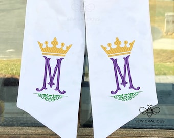 Wreath Sash for Front Door, Mardi Gras Crown + Monogram in Purple, Gold and Green, Embroidered Personalized Wreath Scarf