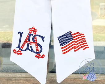 Wreath Sash + Monogram, USA + America Flag, Patriotic Wreath Sash, Summer, Memorial Day, 4th of July, Independence Day, Red White and Blue