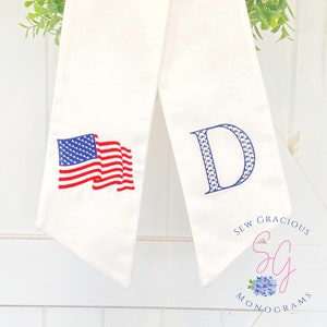 American Flag Wreath Sash with Monogram Initial for Patriotic Front Door Decor, Old Glory, USA, Red White & Blue, America&#39;s 250 Birthday