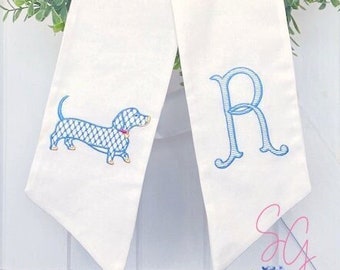 Monogram Wreath Sash, Dachshund Dog, Front Door Wreath Tie, Dog Lover Gift, Dog Mom, Puppy, Chinoiserie Chic