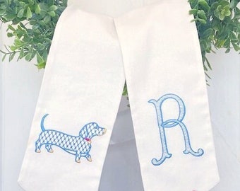 Monogram Wreath Sash, Dachshund Dog, Front Door Wreath Tie, Dog Lover Gift, Dog Mom, Puppy, Chinoiserie Chic