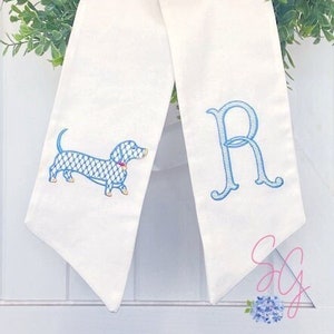 Monogram Wreath Sash, Dachshund Dog, Front Door Wreath Tie, Dog Lover Gift, Dog Mom, Puppy, Chinoiserie Chic image 1