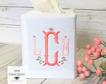 Square Tissue Box Cover, Monogrammed Linen, Powder Room, Baby's Nursery Decor, Housewarming Gift