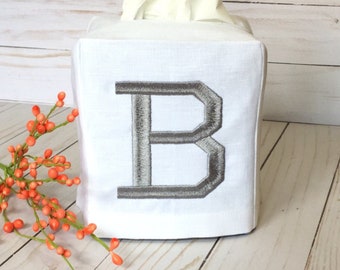 Square Tissue Box Cover, Monogrammed Linen, Personalized Gifts, Varsity Font, Gifts for Him, Gift Ideas for Guys, Sport Themed Nursery Decor