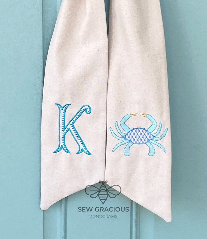 Wreath Sash Monogram, Relaxed Coastal Style Home Decor, Year Round Wreath Scarf, Personalized Spring Sash, Beach House Wreath Tie image 2