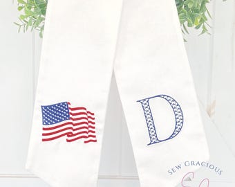 American Flag Wreath Sash with Monogram Initial, 4thof July Patriotic Front Door Decor, Old Glory, USA, Red White & Blue, America's Birthday