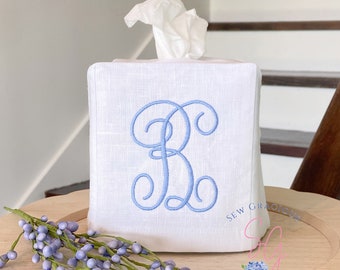 Linen Tissue Cover with Monogram for Square Box, Personalized with Script font in your choice of colors, 100% Linen