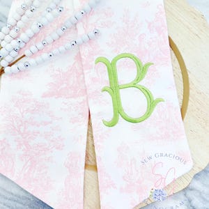 Pink French Toile Wreath Sash with Monogram Initial, Custom Embroidered Front Door Tie, Year Round Home Decor