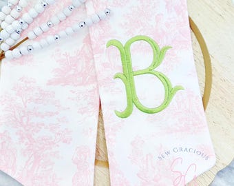 Pink French Toile Wreath Sash with Monogram Initial, Custom Embroidered Front Door Tie, Year Round Home Decor, Napoli Font