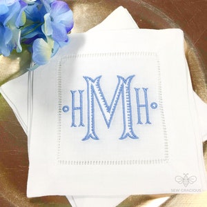 Monogrammed Cocktail Napkins, 100% Linen Hem Stitch Napkins, Set of 4 or 6, Personalized Beverage Coasters