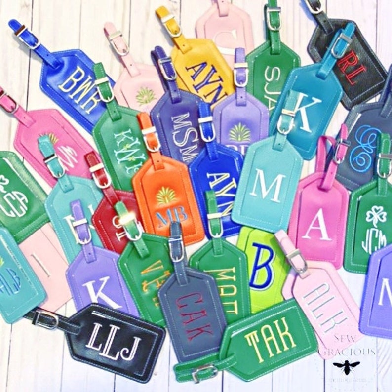 Monogrammed Luggage Tag Personalized Leather for Corporate Gift Travel Kids Wedding Events ... NEW FONTS for 2024 image 7