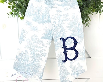 Monogram Wreath Sash, French Toile Fabric, Embroidered Initial Front Door Wreath Tie Scarf, Custom Year Round Decor, Sew Gracious