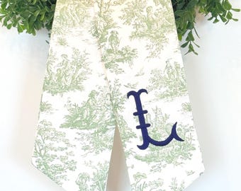 Monogram Wreath Sash, French Toile Fabric, Embroidered Initial Front Door Wreath Tie Scarf, Custom Year Round Decor, Sew Gracious