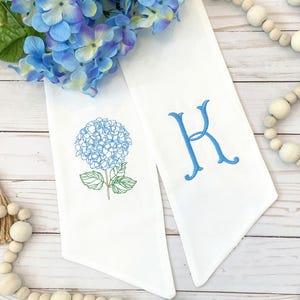 Blue Hydrangea Wreath Sash with Monogram Initial for Front Door Decoration for Home, Party, or Wedding Venue