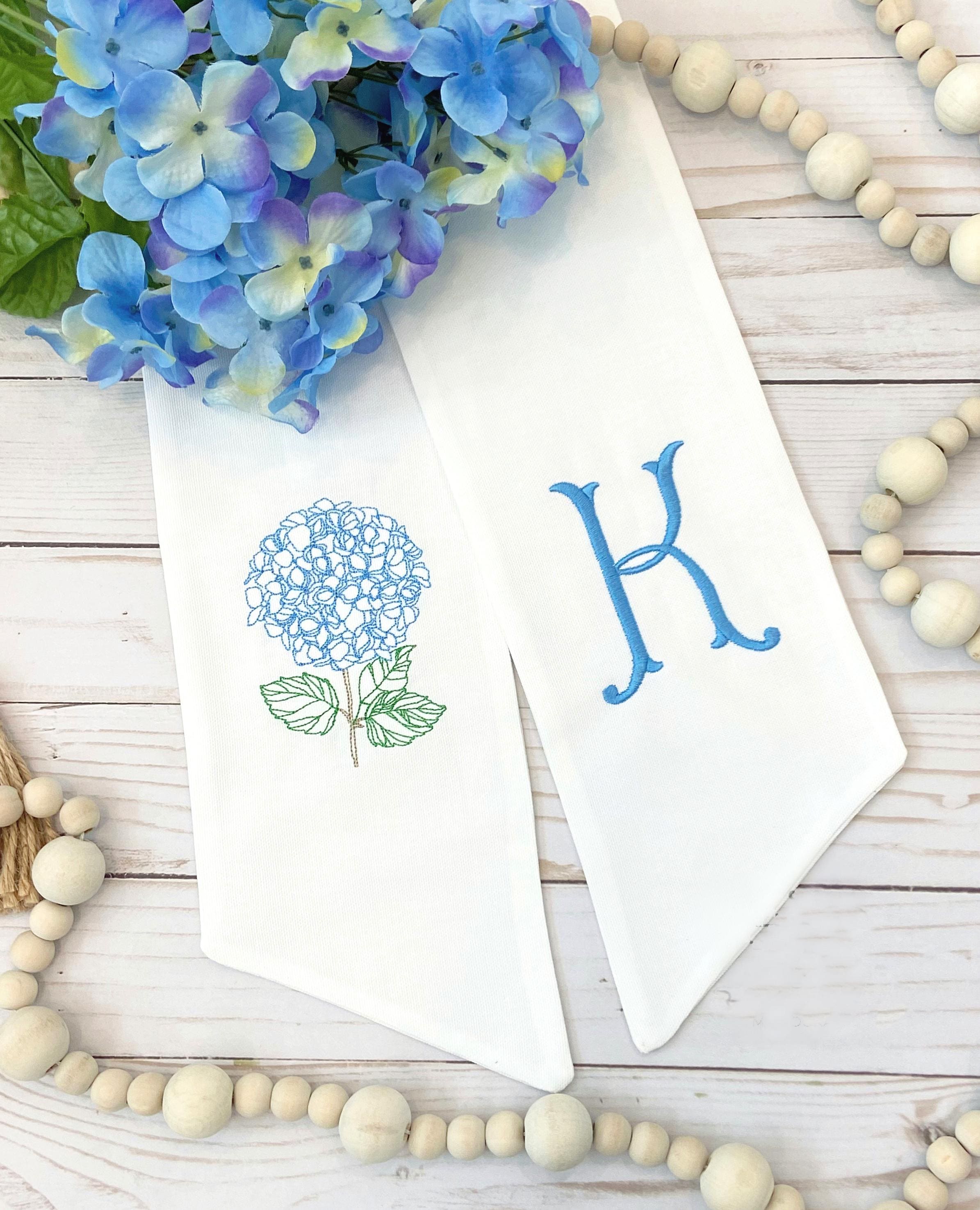 Blue Hydrangea Wreath Sash with Monogram Initial for Front Door Decoration for Home, Party, or Wedding Venue
