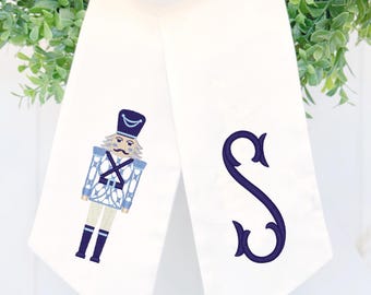Blue and White Nutcracker Monogram Wreath Sash, Christmas Chinoiserie Home Decor, Personalized Holiday Scarf Tie for Front Door