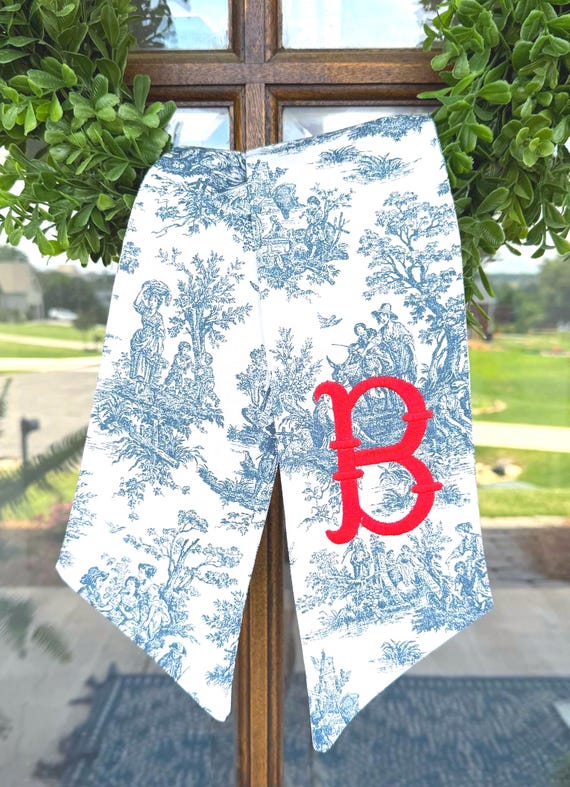 Navy Blue Toile Wreath Sash, Monogram Initial, Patriotic Red White Blue Home Decor for Front Door, Happy Birthday America, Sew Gracious