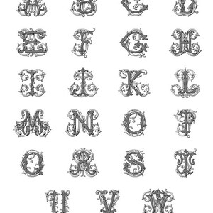 May include: A set of 26 black and white vintage vine alphabet letters. Each letter is stylized with a decorative vine design. The letters are arranged in alphabetical order.