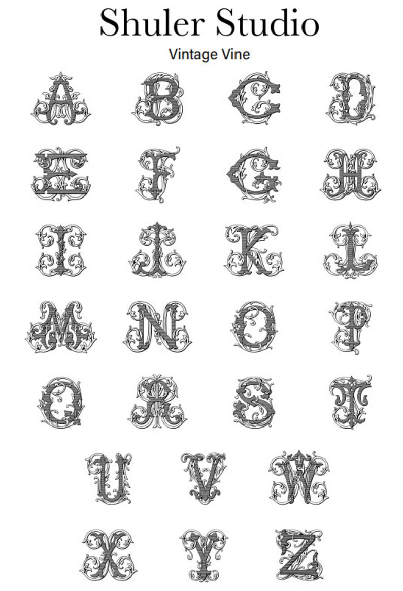 May include: A set of 26 black and white vintage vine alphabet letters. Each letter is stylized with a decorative vine design. The letters are arranged in alphabetical order.
