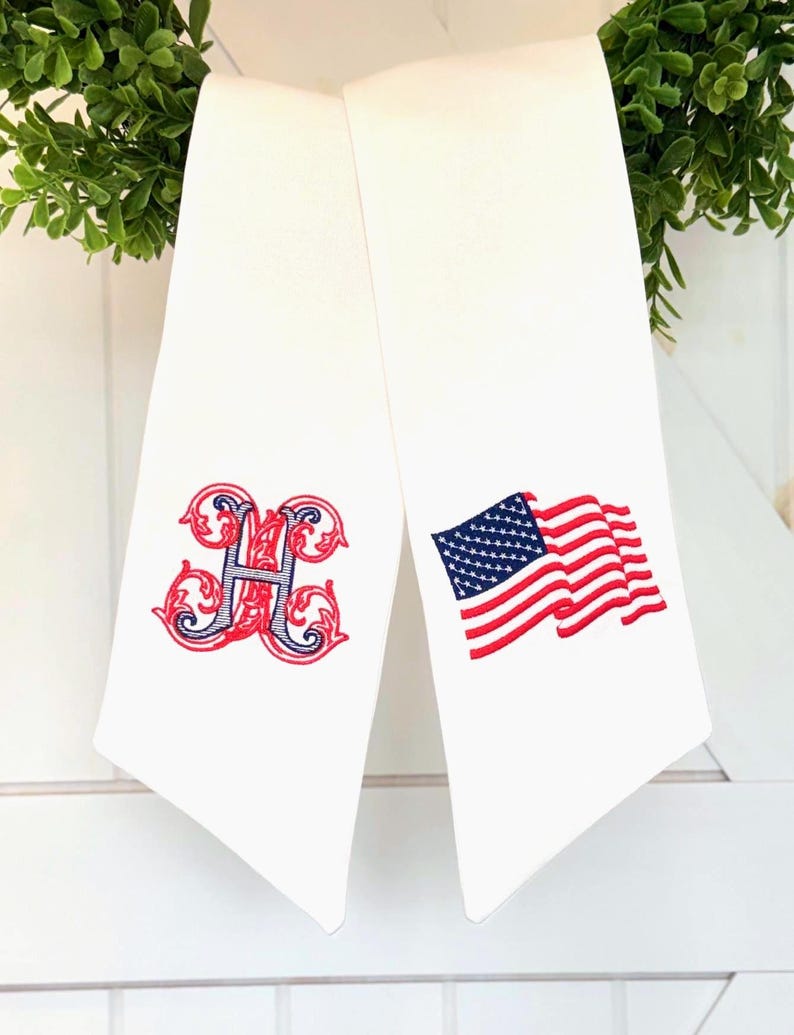 American Flag Wreath Sash with Monogram, Independence Day 250, Patriotic Fourth of July, America's Birthday Red White and Blue, USA image 1