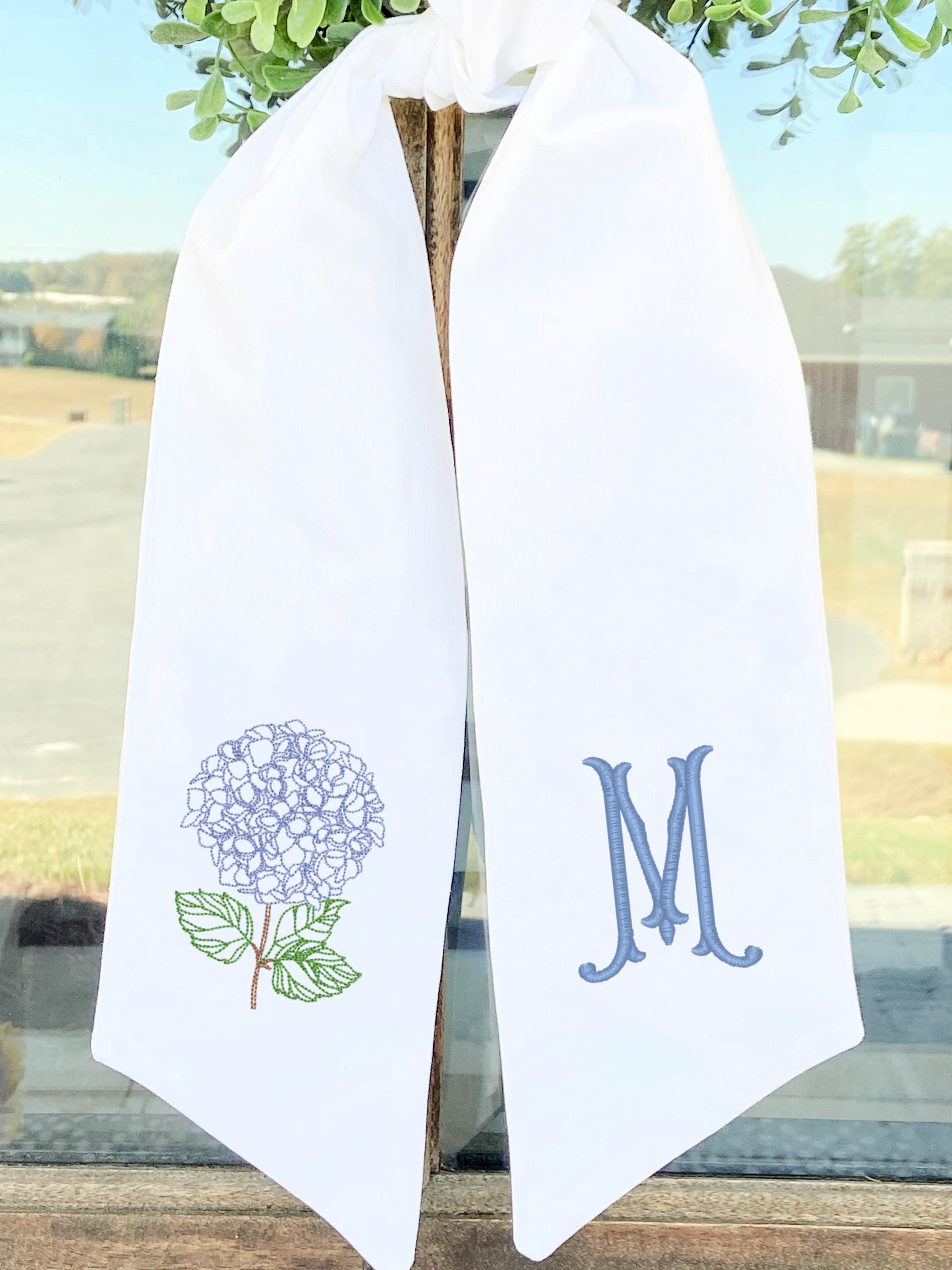 Blue Hydrangea Wreath Sash with Monogram Initial for Front Door Decoration for Home, Party, or Wedding Venue