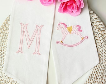 Baby Wreath Sash with Monogram for Birth Announcement, Embroidered Rocking Horse in colors for boys or girls, Hospital Door Bow