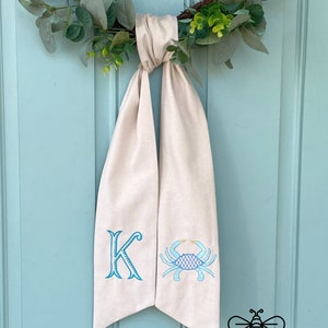 Wreath Sash Monogram, Relaxed Coastal Style Home Decor, Year Round Wreath Scarf, Personalized Spring Sash, Beach House Wreath Tie image 3