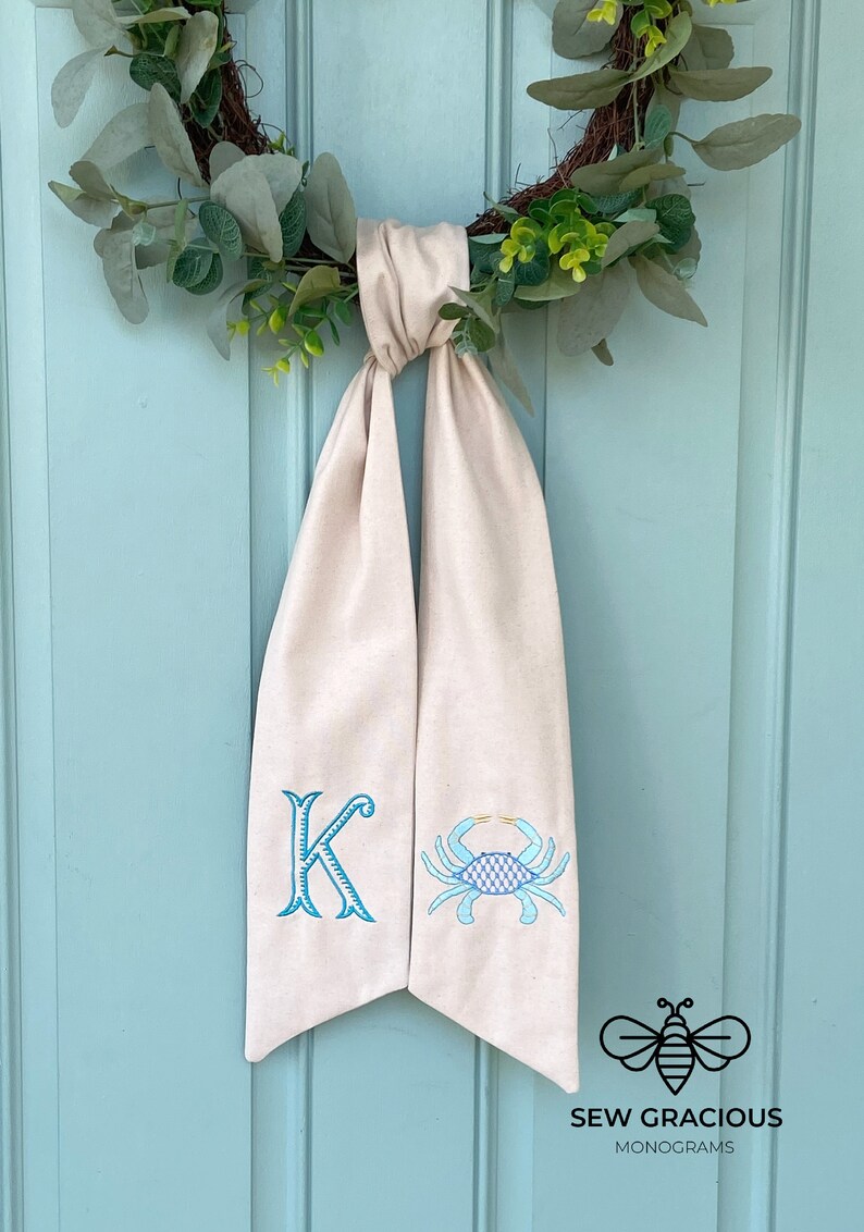 Wreath Sash Monogram, Relaxed Coastal Style Home Decor, Year Round Wreath Scarf, Personalized Spring Sash, Beach House Wreath Tie image 3