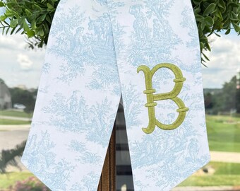 Monogram Wreath Sash, French Toile Fabric, Personalized Embroidered Initial Door Decor, Grand Millennial