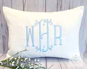 Monogrammed Pillow Cover, Personalized with our Vienna font, Lumbar size fits a 12x16 insert, Dorm Decor