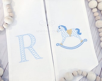 Baby Wreath Sash with Monogram for Birth Announcement, Embroidered Rocking Horse in colors for boys or girls, Hospital Door Bow