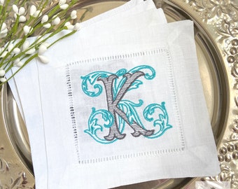 Monogrammed Linen Cocktail Napkins, Embroidered Vintage Vine font 2 colors, Personalized Gifts, Hostess Gift, Set of 4, Engagement Gift