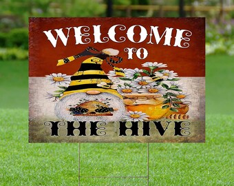 Welcome To Our Hive Yard Sign with H Stakes - Double Sided, Bee Garden Sign, Bee Family House Decor, Farmer Sign, Bee Lover Gift u289z6