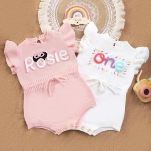 Personalized Hand-Embroidered Name Romper,Baby Girl Dress,Knit Romper with Confetti,First Birthday Outfit,Cake Smash Outfit,Baby Girl Gifts