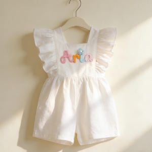Baby Girl Linen Ruffle Romper, Baby Jumpsuits with Name, Cake Smash Outfit, Bohu Bubble Romper, Handmade Baby Clothes, Flutter Sleeve Outfit