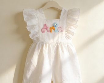 Baby Girl Linen Ruffle Romper, Baby Jumpsuits with Name, Cake Smash Outfit, Bohu Bubble Romper, Handmade Baby Clothes, Flutter Sleeve Outfit