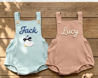 Boy First Birthday Outfit, Embroidered Name Baby Romper, One Silly Goose Birthday Girl Gift, Smash Cake Outfit, Organic Cotton Linen Romper