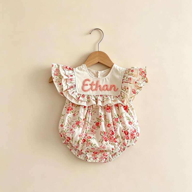 Puede incluir: Un pelele con estampado floral con el nombre "Ethan" bordado en rosa. El pelele tiene un cuello blanco y mangas con volantes. La tela es blanca con un estampado de flores rojas y rosas.