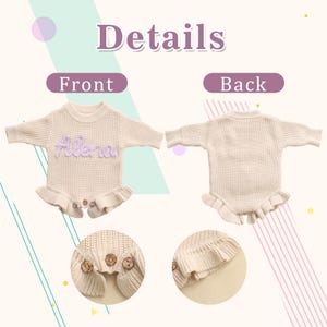 May include: A beige ribbed knit long-sleeve romper featuring a ruffled hem and three brown buttons at the bottom. The front displays the name Alena in textured lavender lettering. Two circular insets show close-up views of the buttons and hem.