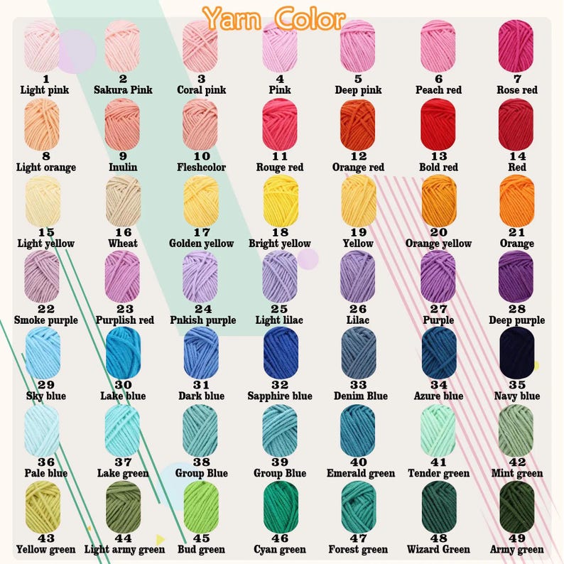May include: A color chart titled Yarn Color displaying 49 numbered samples of yarn in various shades. Each sample is labeled with a specific color name, ranging from light pinks and yellows to deep purples, blues, and greens, organized in a grid.