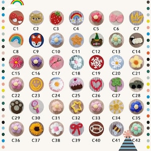 May include: A collection of forty-two circular embroidered patches featuring various designs including mushrooms, animals, flowers, stars, hearts, and food items. Each patch is labeled with a code from C1 to C42, showcasing diverse colors and shapes.